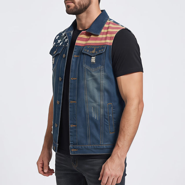 Gilet en jean slim style coréen à motif drapeau américain pour homme - image 3
