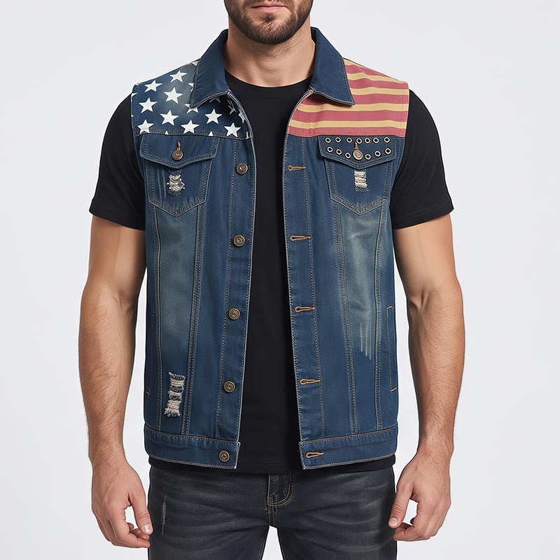 Gilet en jean slim style coréen à motif drapeau américain pour homme - image 1