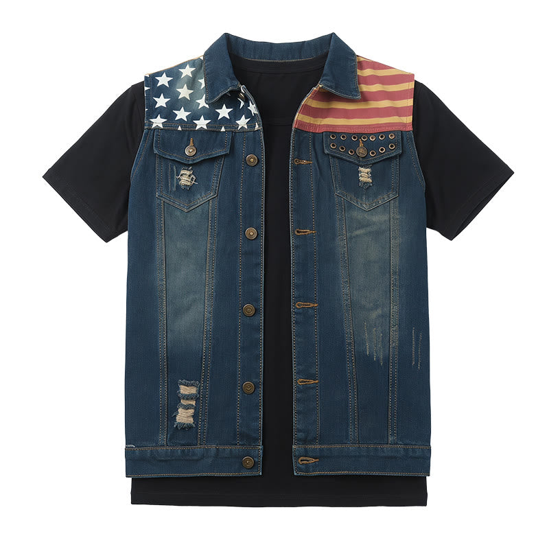 Gilet en jean slim style coréen à motif drapeau américain pour homme - image 8
