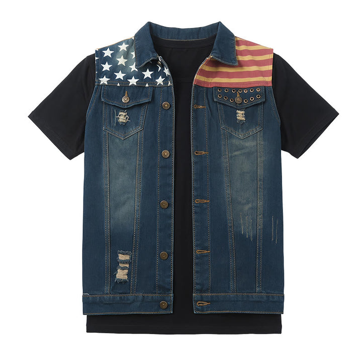 Gilet en jean slim style coréen à motif drapeau américain pour homme - image 8