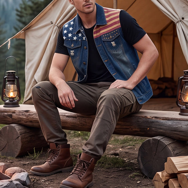 Gilet en jean slim style coréen à motif drapeau américain pour homme - Bleu - 6XL - image 0