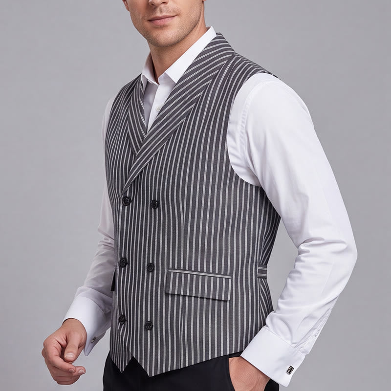 Gilet de costume rétro gris rayé pour homme, coupe slim, style gentleman. - image 3