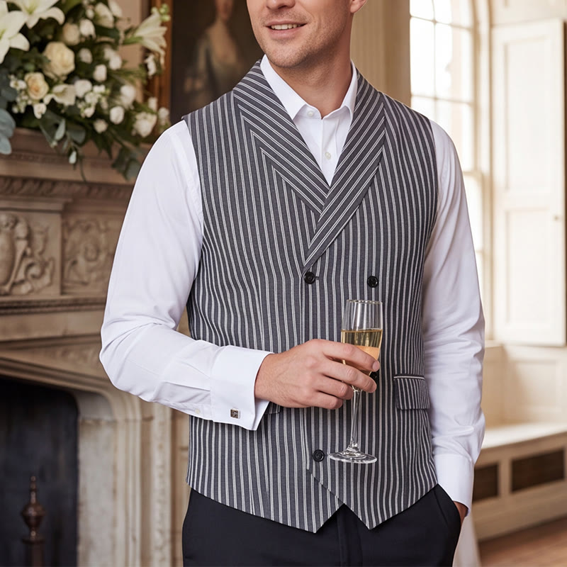 Gilet de costume rétro gris rayé pour homme, coupe slim, style gentleman. - Gris - 3XL - image 0