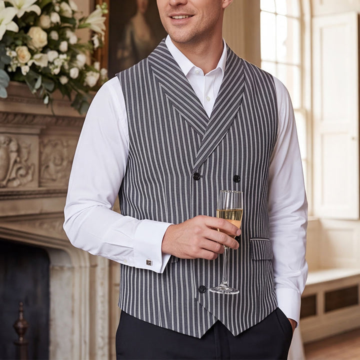 Gilet de costume rétro gris rayé pour homme, coupe slim, style gentleman. - Gris - 3XL - image 0