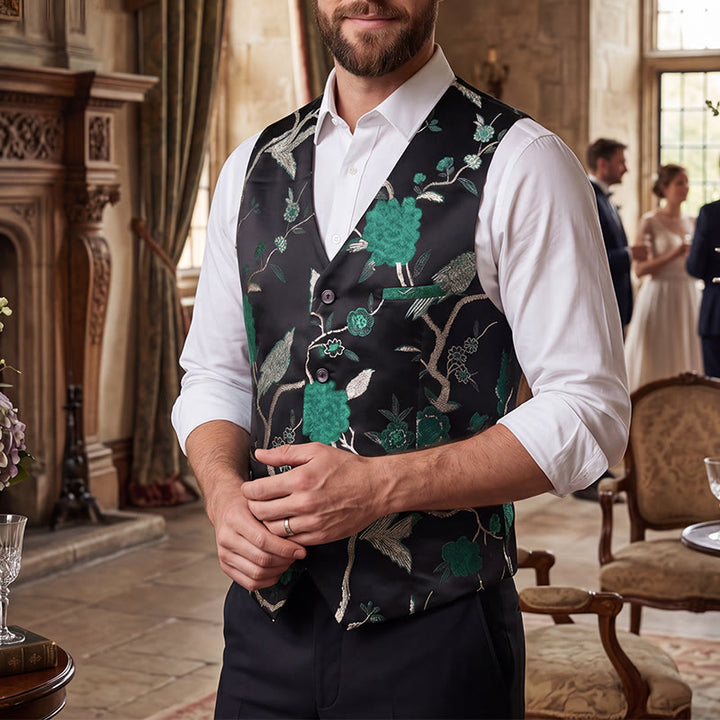 Gilet de costume slim fit pour homme, en jacquard à motif floral oriental - Vert - 4XL - image 5