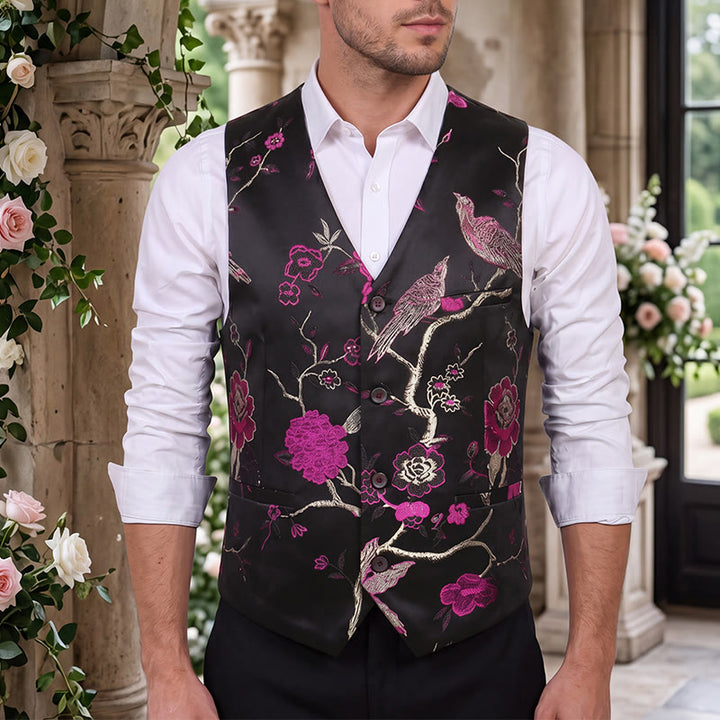 Gilet de costume slim fit pour homme, en jacquard à motif floral oriental - Rose - 4XL - image 6