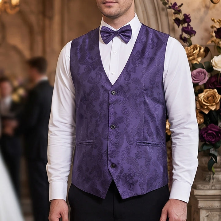 Ensemble 2 pièces pour homme : gilet et nœud papillon à motif cachemire brillant. - Violet - S - image 0