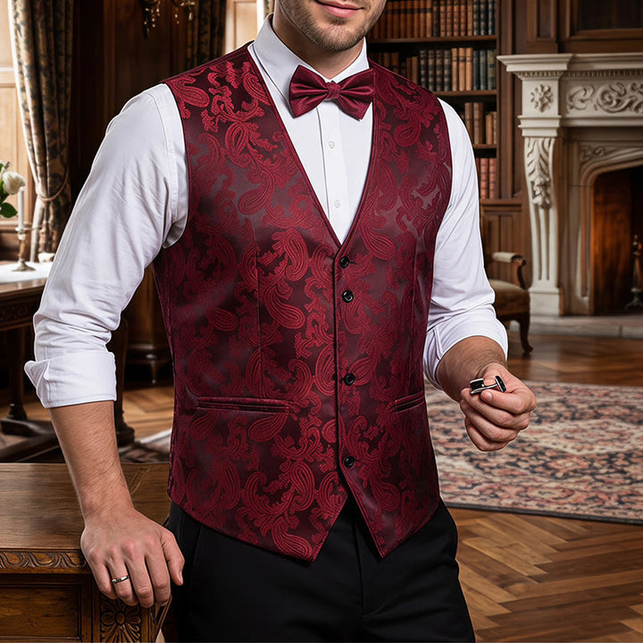 Ensemble 2 pièces pour homme : gilet et nœud papillon à motif cachemire brillant. - Vin - S - image 6