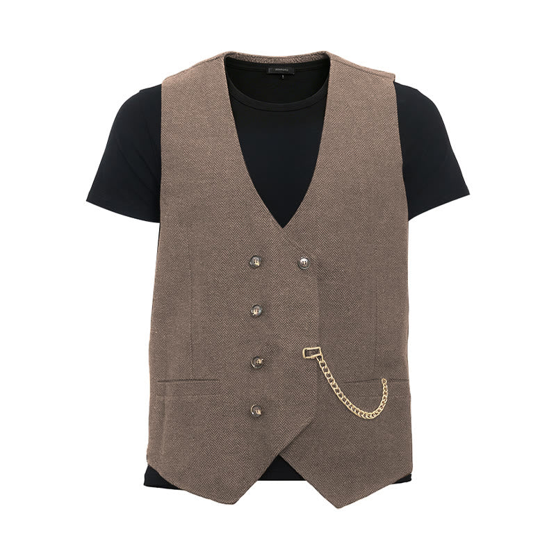Gilet de costume croisé rétro britannique pour homme - Brun clair - 3XL - image 25