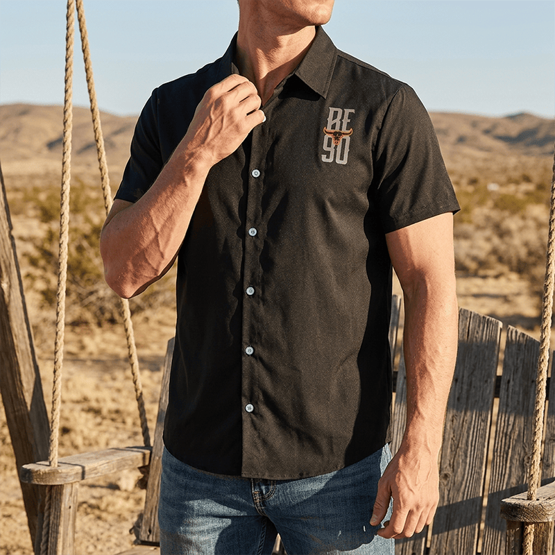 Chemise homme à imprimé drapeau américain et tête de taureau western - Noir - 6XL - image 0