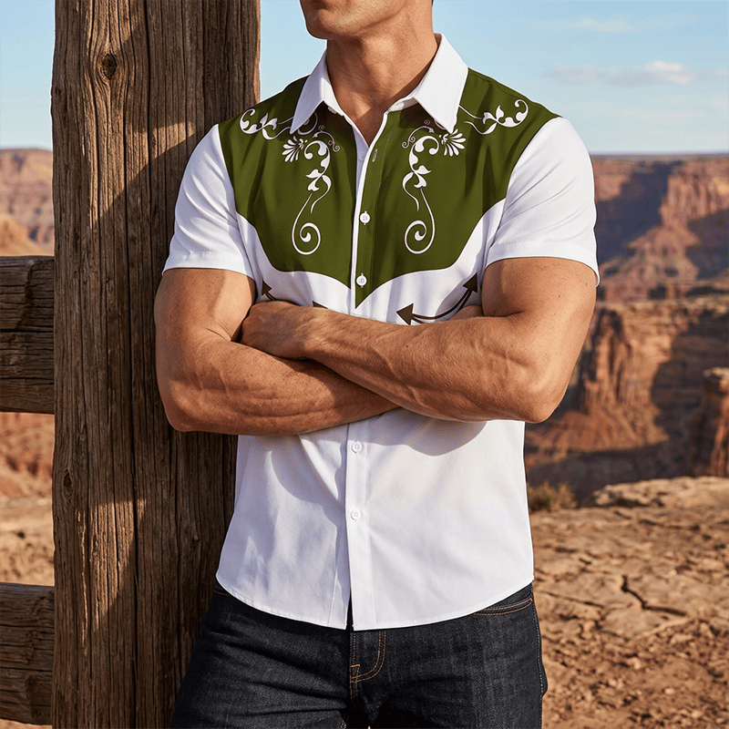Chemise boutonnée à imprimé floral western vintage pour homme - Vert armée - 3XL - image 5