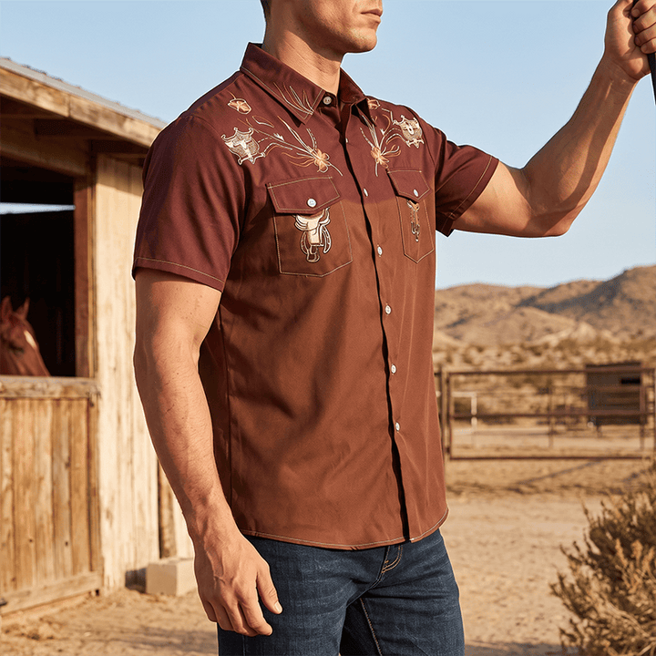 Chemise de cowboy western bicolore streetwear pour homme - Vin et brun - 5XL - image 0