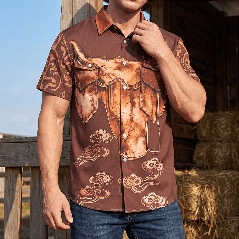 Chemise de cowboy western vintage pour homme, imprimé selle vieillie, style streetwear. - Café - 5XL - image 0