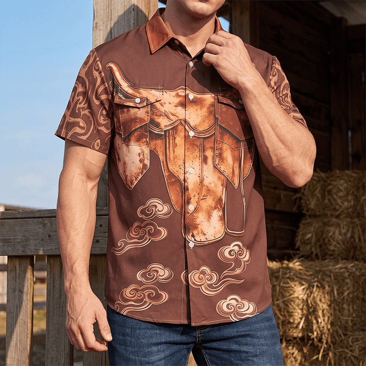 Chemise de cowboy western vintage pour homme, imprimé selle vieillie, style streetwear. - Café - 5XL - image 0