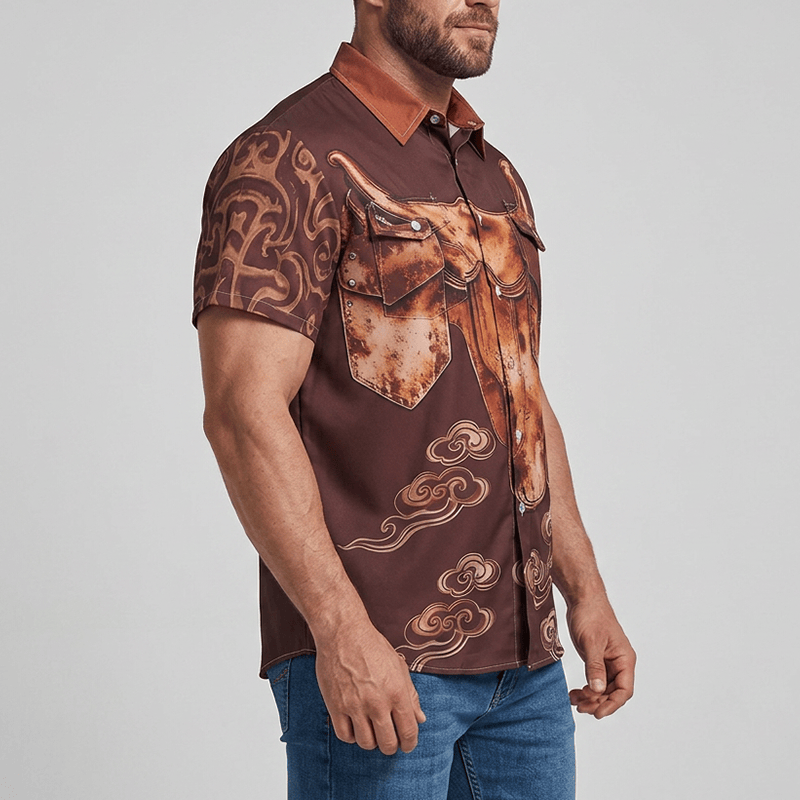 Chemise de cowboy western vintage pour homme, imprimé selle vieillie, style streetwear. - image 3