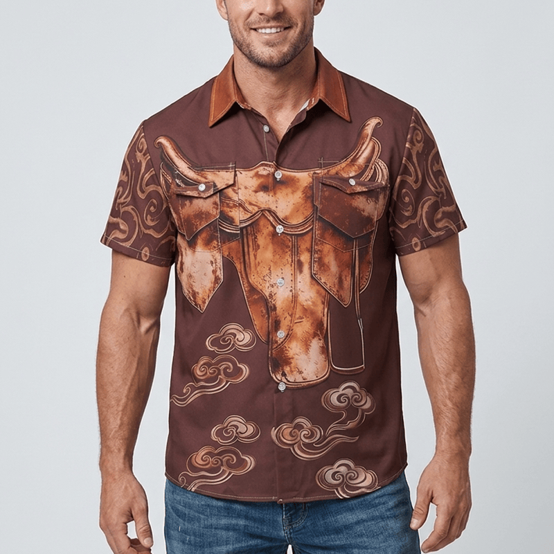 Chemise de cowboy western vintage pour homme, imprimé selle vieillie, style streetwear. - image 1