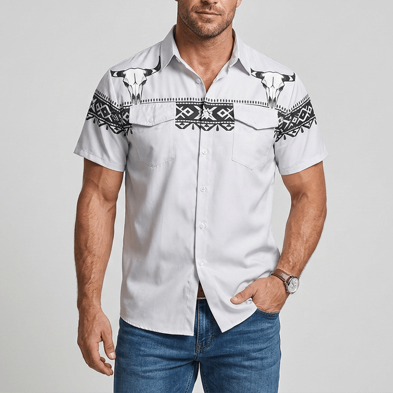 Chemise streetwear homme à imprimé crâne de taureau tribal aztèque western - image 1