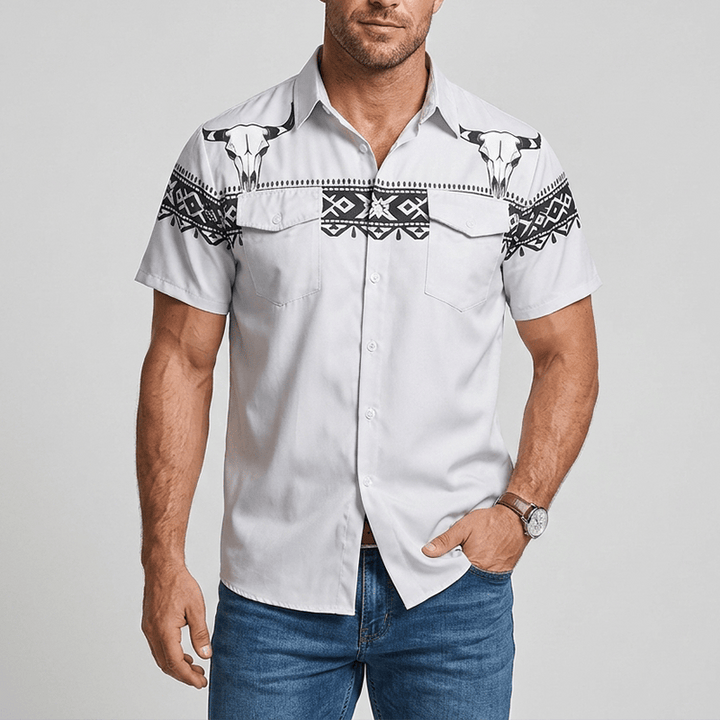Chemise streetwear homme à imprimé crâne de taureau tribal aztèque western - image 1