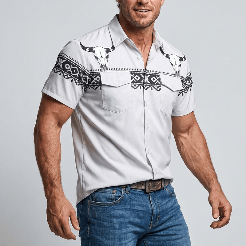 Chemise streetwear homme à imprimé crâne de taureau tribal aztèque western - image 3