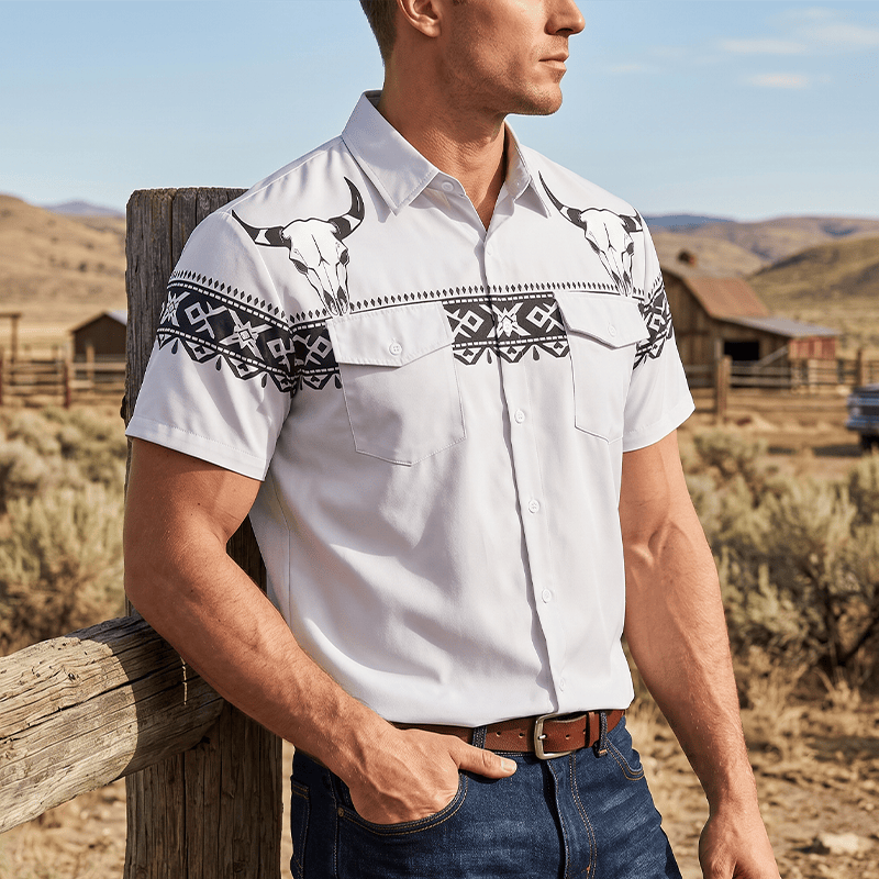 Chemise streetwear homme à imprimé crâne de taureau tribal aztèque western - Gris clair - 5XL - image 0