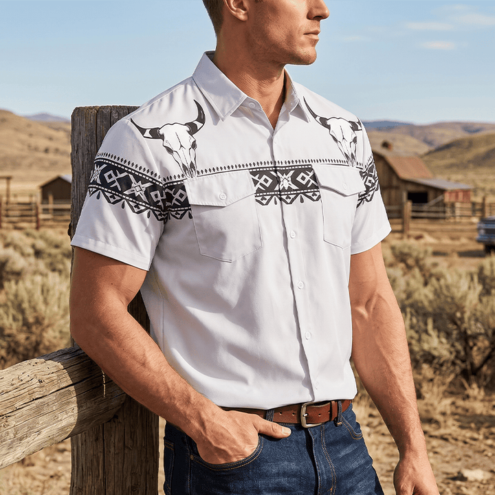 Chemise streetwear homme à imprimé crâne de taureau tribal aztèque western - Gris clair - 5XL - image 0