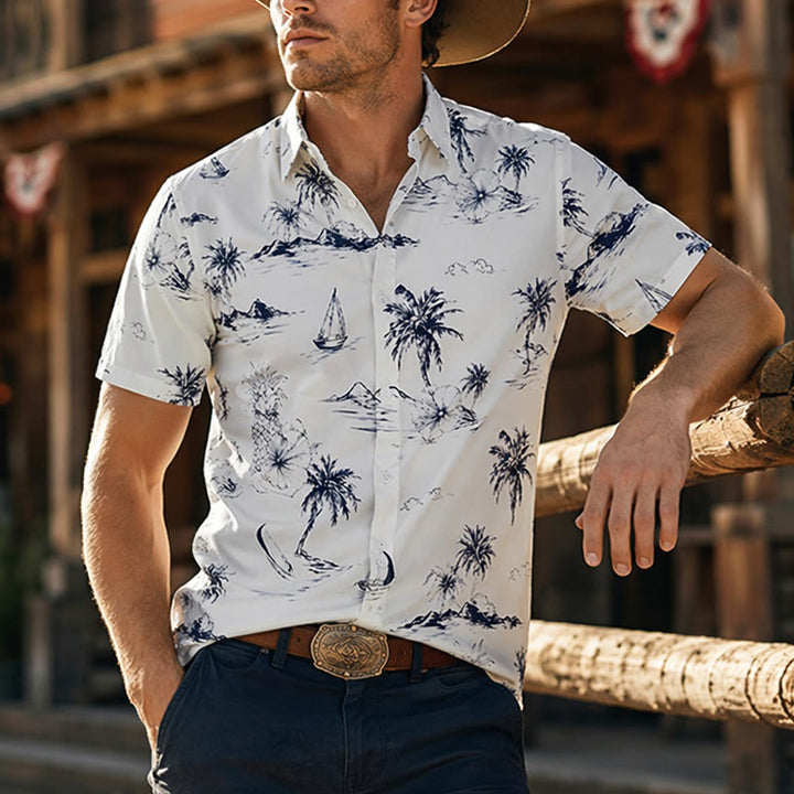 Chemise à manches courtes pour homme, imprimé île tropicale, idéale pour les vacances d'été. - Blanc - 5XL - image 0