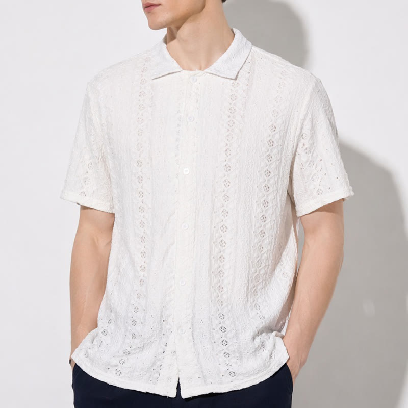 Chemise blanche respirante en coton à col cubain et broderie œillet - image 3
