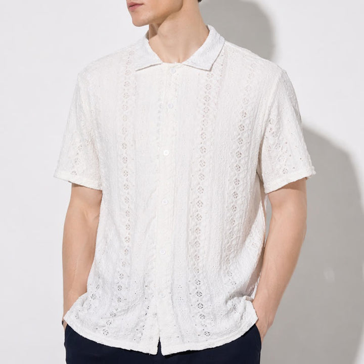 Chemise blanche respirante en coton à col cubain et broderie œillet - image 3