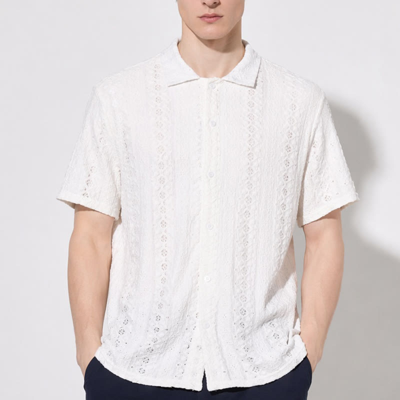 Chemise blanche respirante en coton à col cubain et broderie œillet - image 1