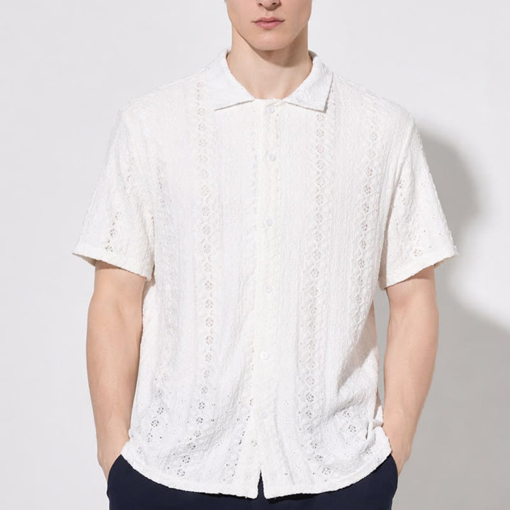 Chemise blanche respirante en coton à col cubain et broderie œillet - image 1
