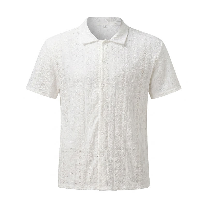 Chemise blanche respirante en coton à col cubain et broderie œillet - image 8