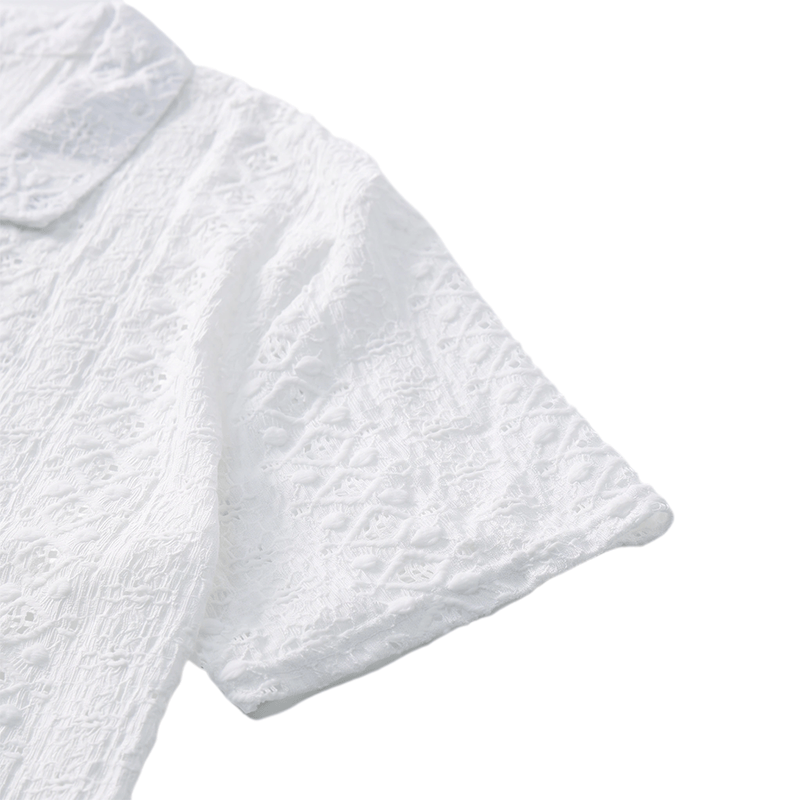 Chemise blanche respirante en coton à col cubain et broderie œillet - image 7