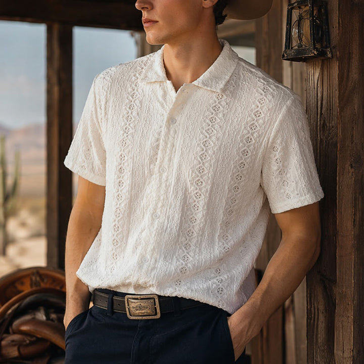 Chemise blanche respirante en coton à col cubain et broderie œillet - Blanc - 2XL - image 0