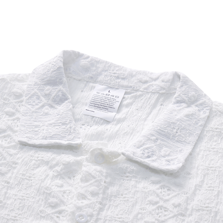 Chemise blanche respirante en coton à col cubain et broderie œillet - image 4