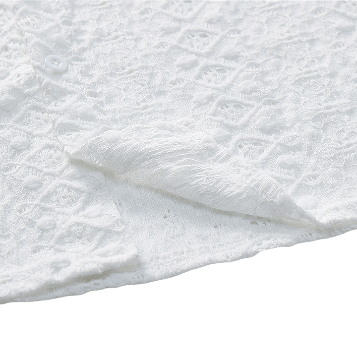 Chemise blanche respirante en coton à col cubain et broderie œillet - image 6