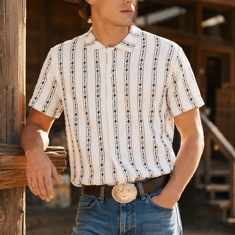 Chemise en coton à col cubain et motif géométrique à rayures verticales - Blanc et noir - 2XL - image 0