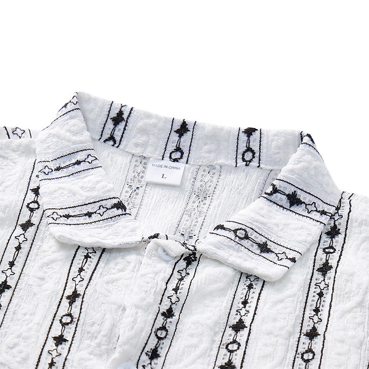 Chemise en coton à col cubain et motif géométrique à rayures verticales - image 4