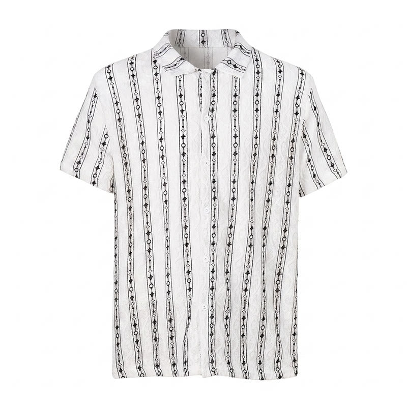 Chemise en coton à col cubain et motif géométrique à rayures verticales - image 9