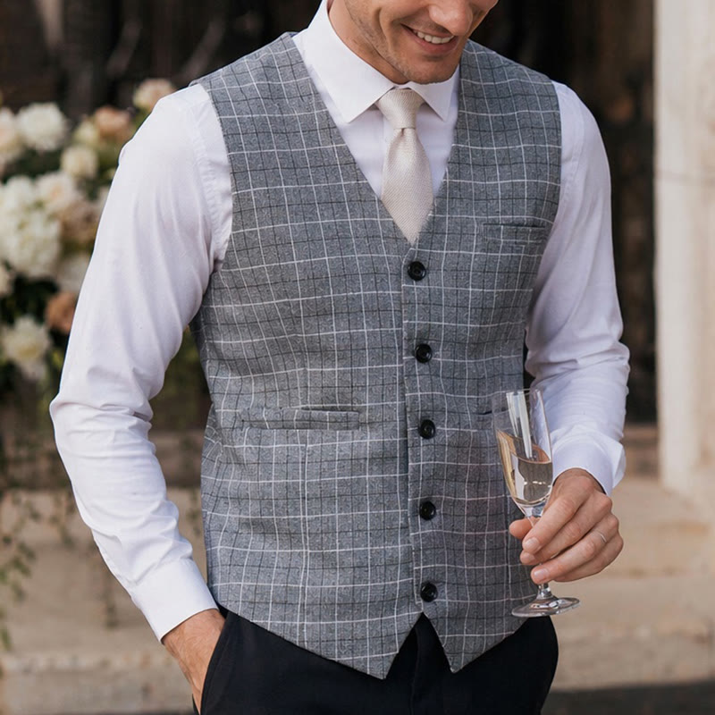 Gilet de costume d'affaires formel à carreaux gris pour homme - Gris - 3XL - image 0