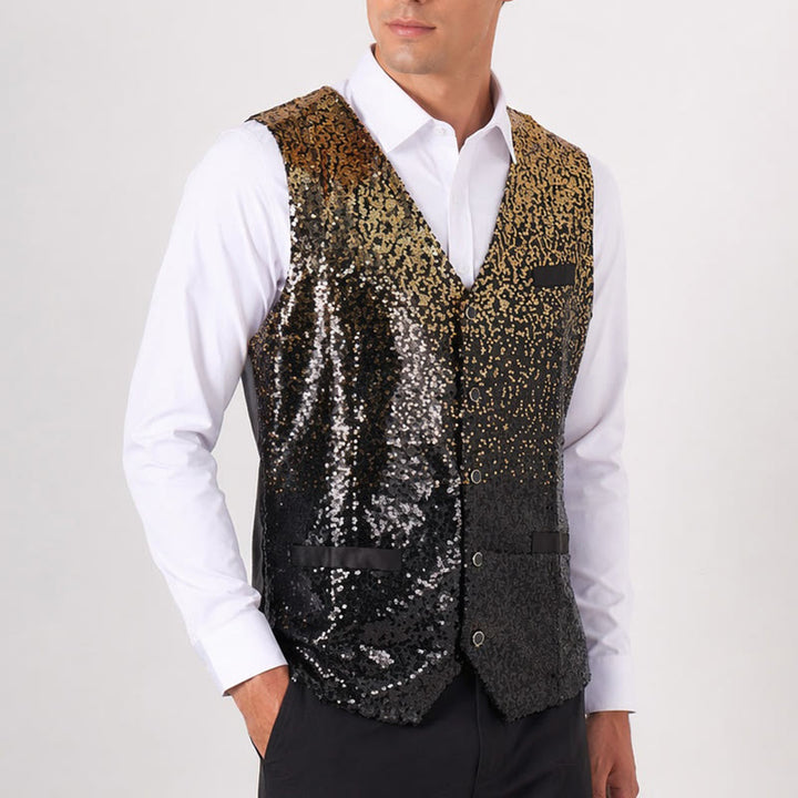 Gilet à paillettes pour homme, couleur or et noir ombré, style boîte de nuit - image 3