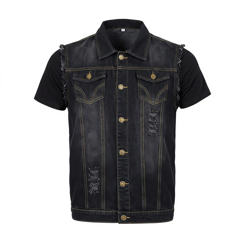 Gilet en jean trucker vintage délavé à ourlet effiloché - image 11