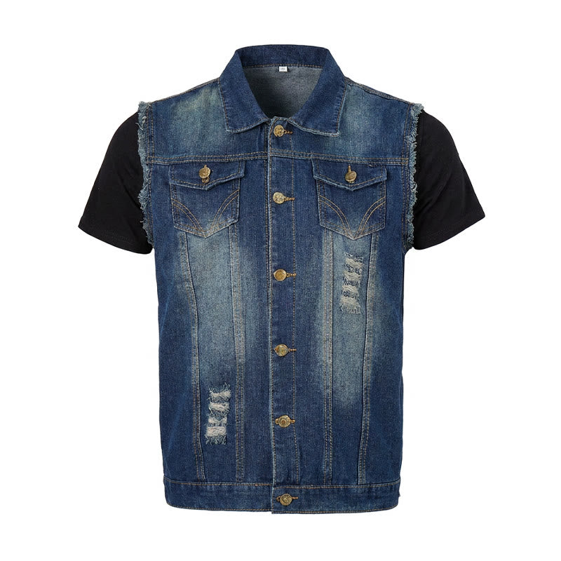 Gilet en jean trucker vintage délavé à ourlet effiloché - image 9