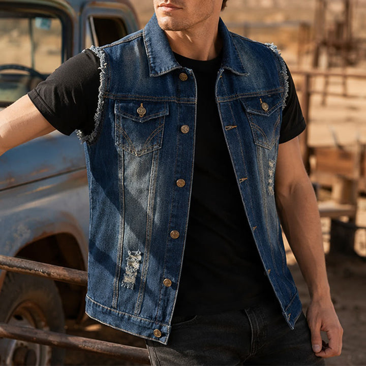 Gilet en jean trucker vintage délavé à ourlet effiloché - Bleu - 6XL - image 0