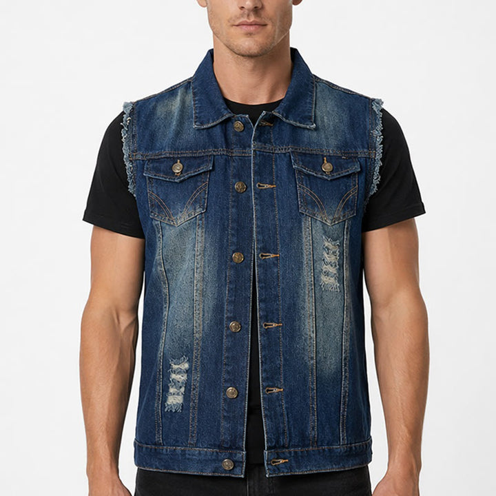 Gilet en jean trucker vintage délavé à ourlet effiloché - image 1