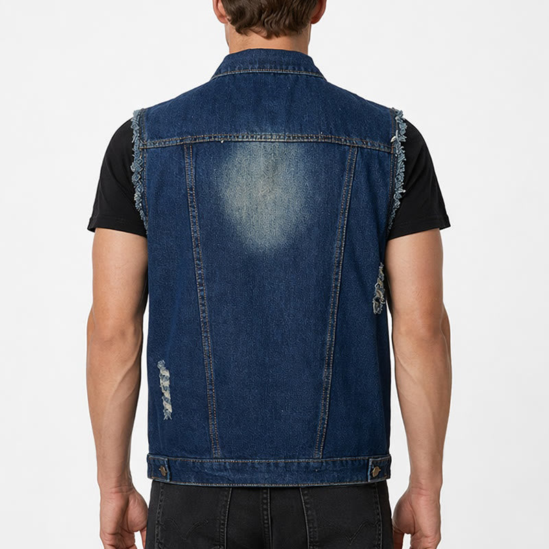 Gilet en jean trucker vintage délavé à ourlet effiloché - image 2