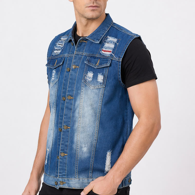Gilet en jean bleu délavé et déchiré avec patchwork - image 3