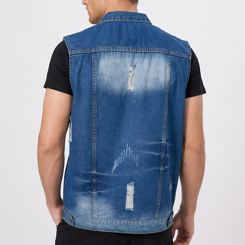Gilet en jean bleu délavé et déchiré avec patchwork - image 2