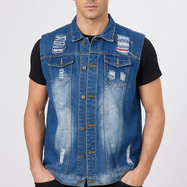 Gilet en jean bleu délavé et déchiré avec patchwork - image 1