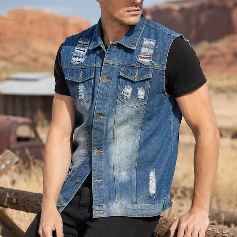 Gilet en jean bleu délavé et déchiré avec patchwork - Bleu - 6XL - image 0