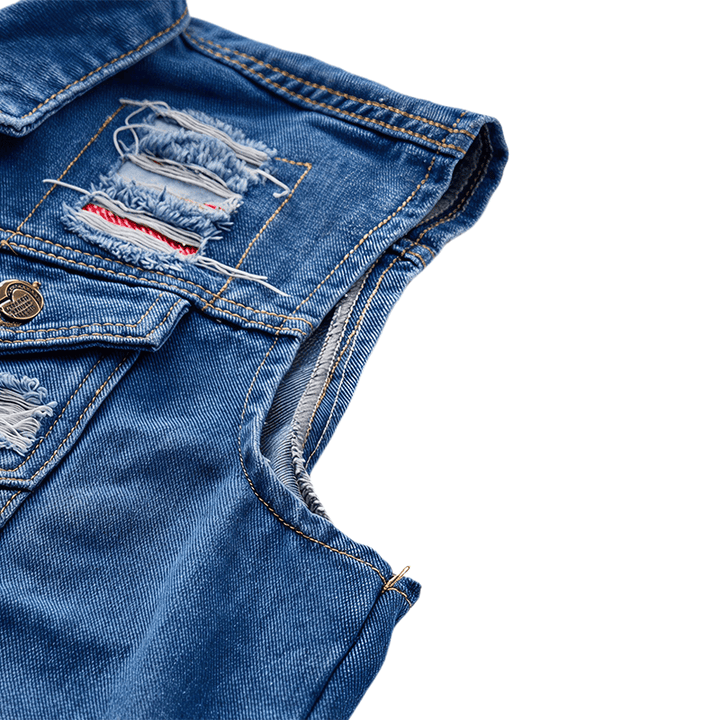 Gilet en jean bleu délavé et déchiré avec patchwork - image 8